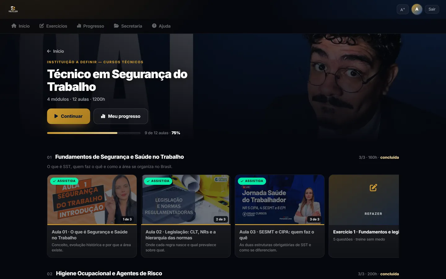 Tela do curso na plataforma da Realize, com as disciplinas e aulas organizadas em sequência