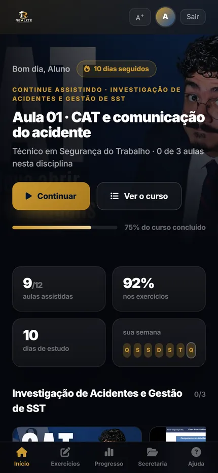 A plataforma da Realize aberta no celular: próxima aula em destaque, indicadores de estudo e menu inferior com Início, Exercícios, Progresso, Secretaria e Ajuda