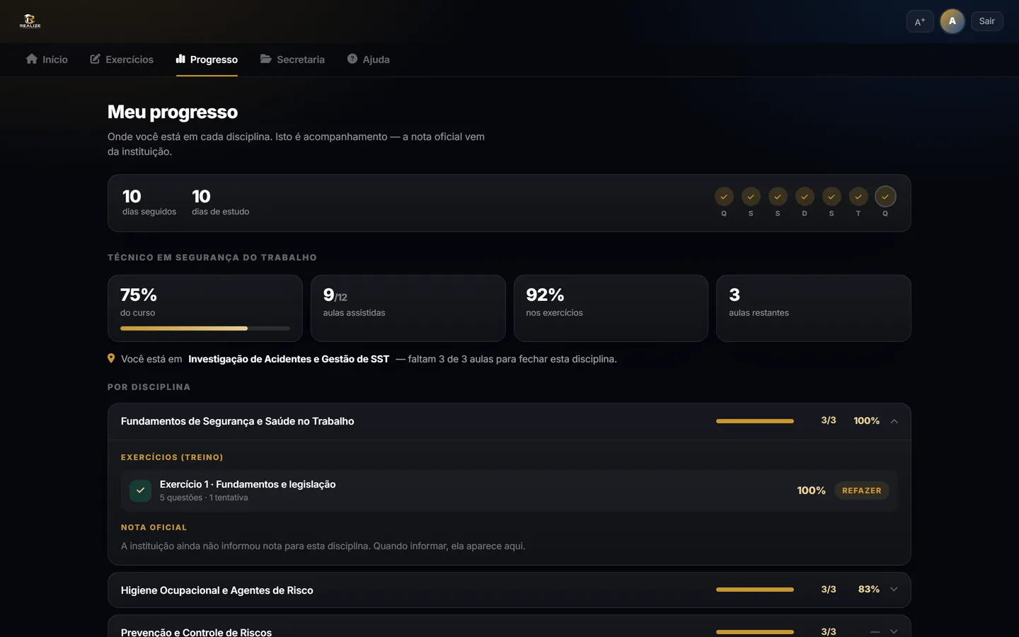 Tela de progresso: percentual do curso, aulas assistidas, desempenho nos exercícios e detalhamento por disciplina