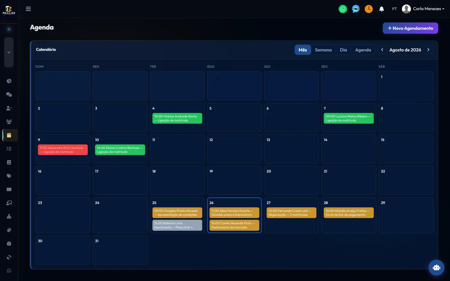 Agenda da semana com os atendimentos marcados pela IA, incluindo confirmados e faltas