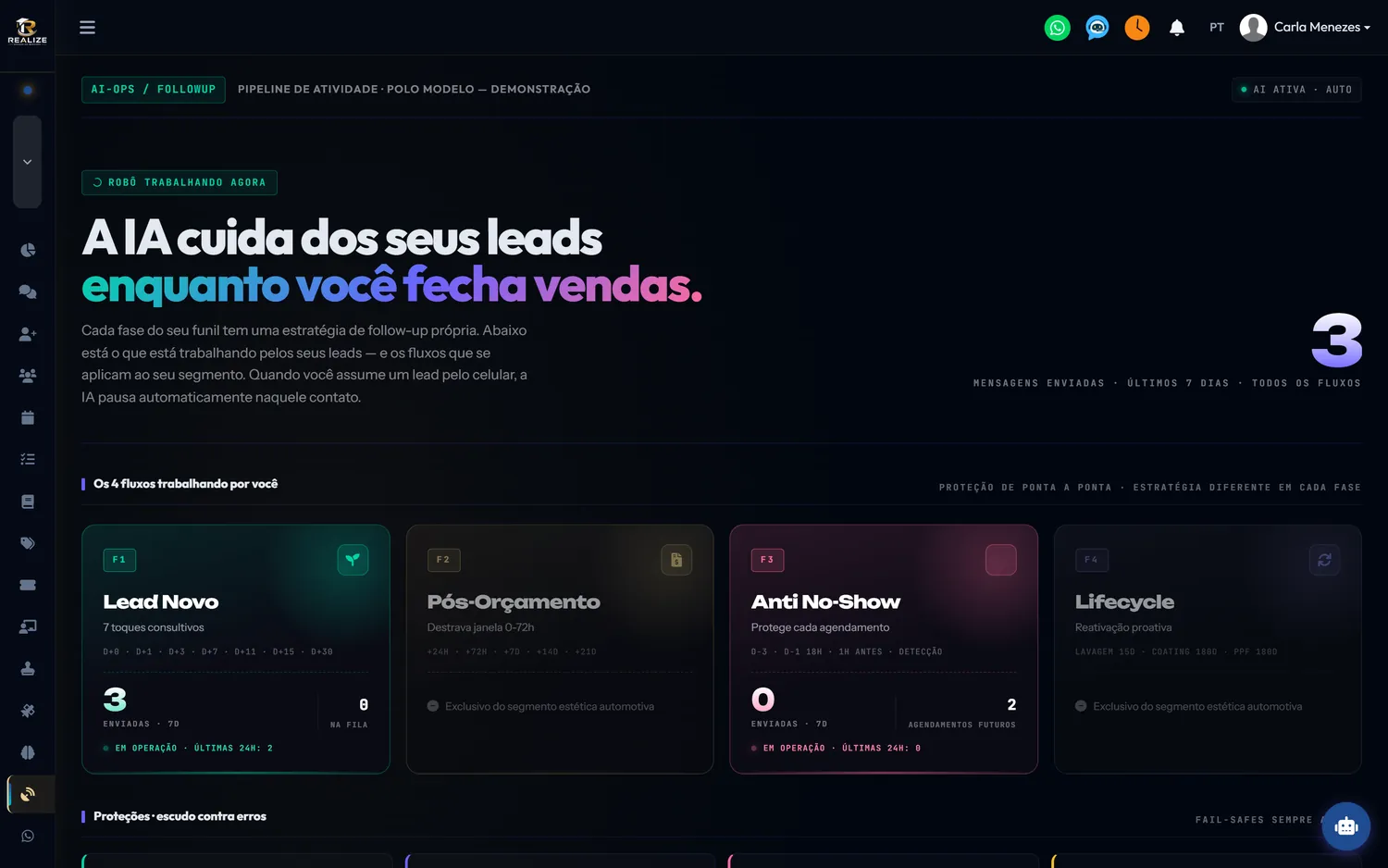 Fila de follow-up automático, com as cadências programadas para cada interessado