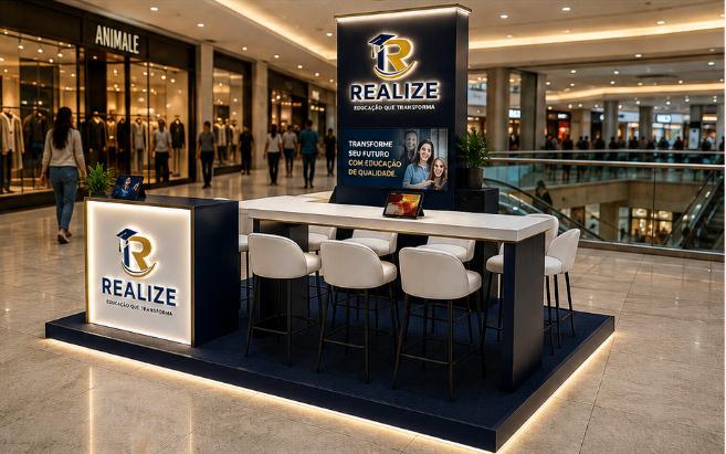 Quiosque Realize em corredor de shopping: balcão retroiluminado, totem vertical e mesa alta de atendimento